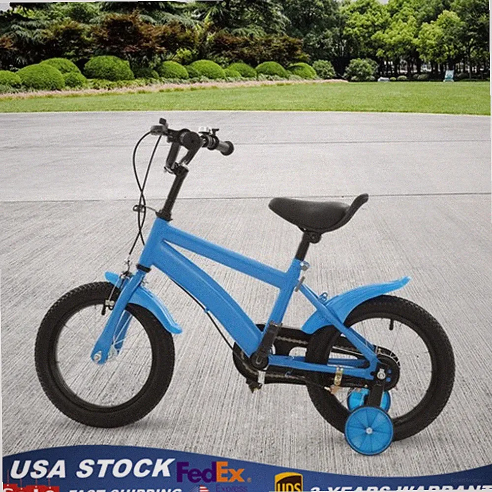 14" Kids Bike With Training Wheels Adjustable Seat Handbrake Blue Black Bicycle