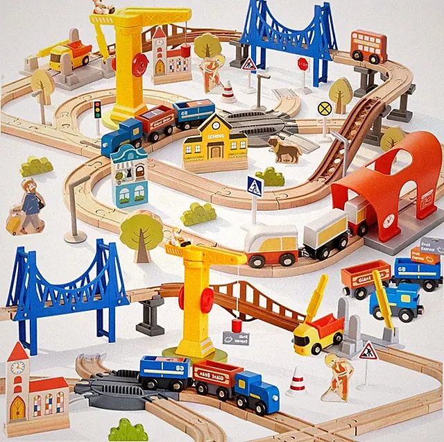 94Pcs Wooden Train Set, Modern City Adventure Railway Track for Kids with Bridge
